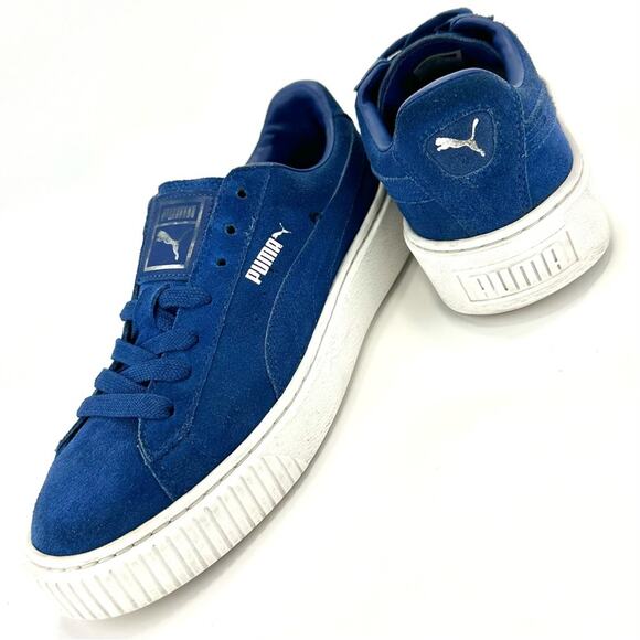 Puma Elemental Women Sneaker Size 8 Blue Suede Platform Lace-Up Low-Top Comfort - Picture 1 of 15